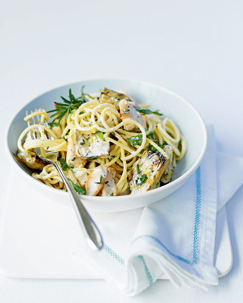 Spaghetti with chicken, rosemary and artichokes recipe | delicious. magazine