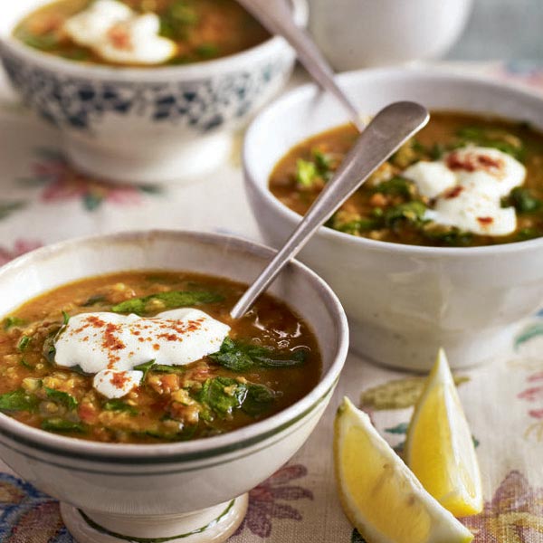 Middle Eastern Spiced Spinach And Lentil Soup With Garlic Yogurt