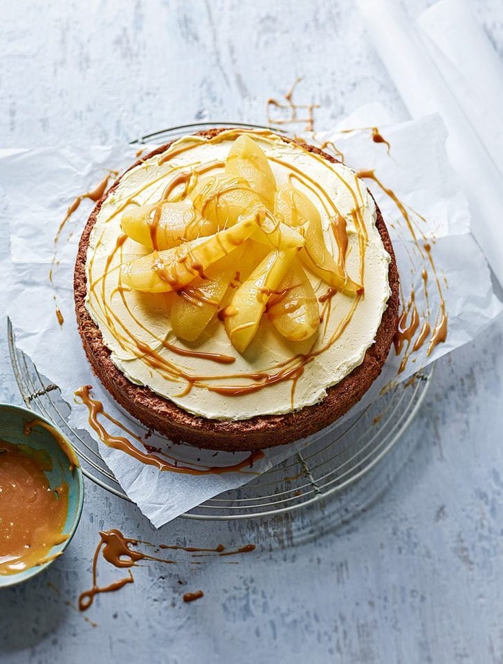 Poached pear cake with chai-spiced buttercream and salted caramel ...