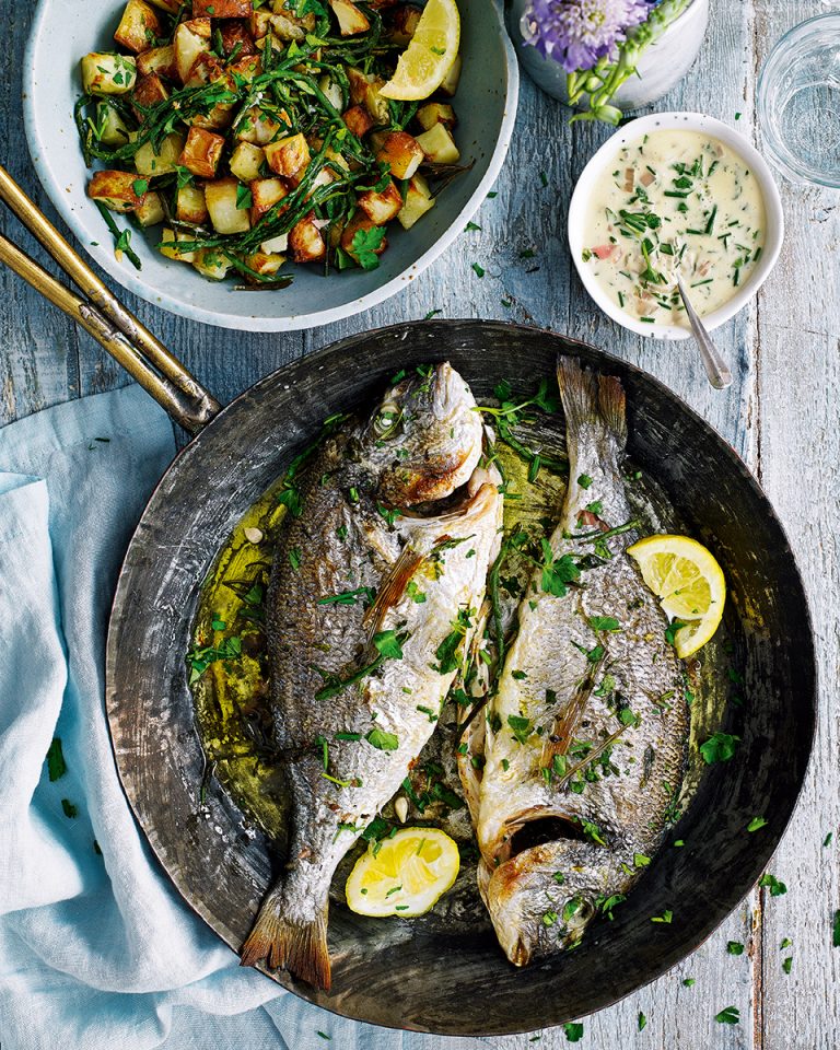 Roast Sea Bream With Crunchy Potatoes And Samphire Delicious Magazine