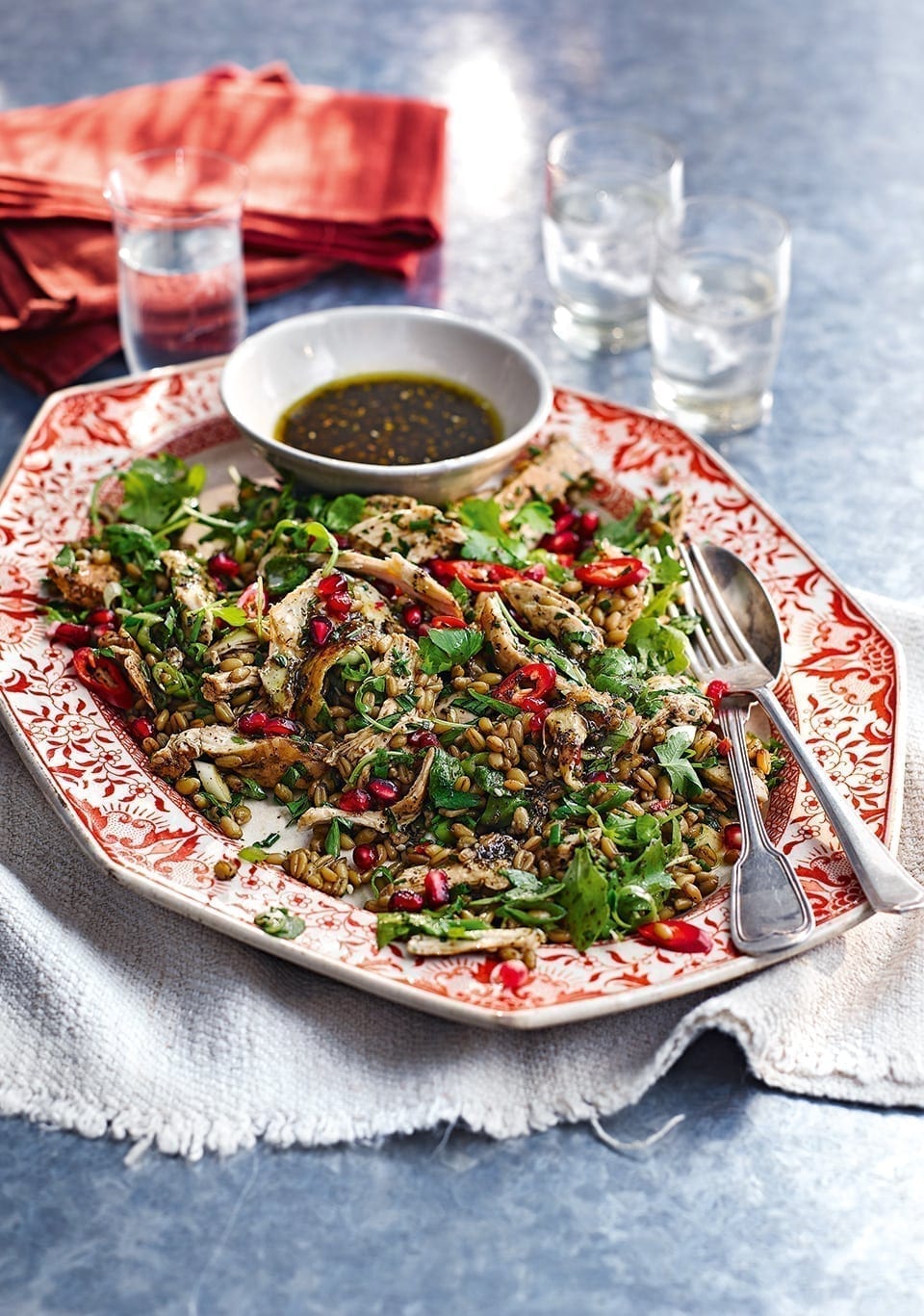 Chicken and freekeh salad with pomegranate recipe | delicious. magazine