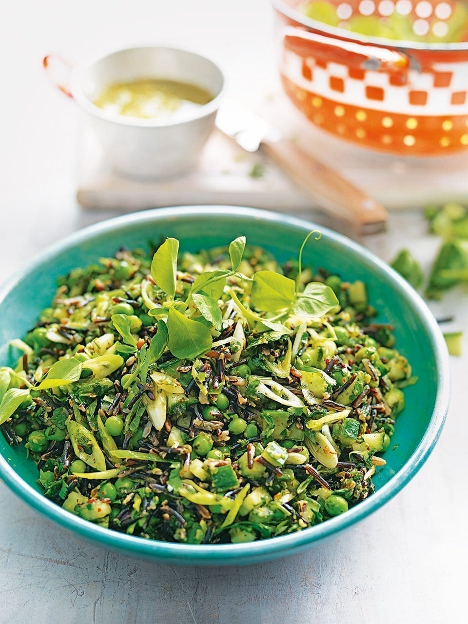 Wild rice salad with peas, pea shoots and green harissa recipe ...