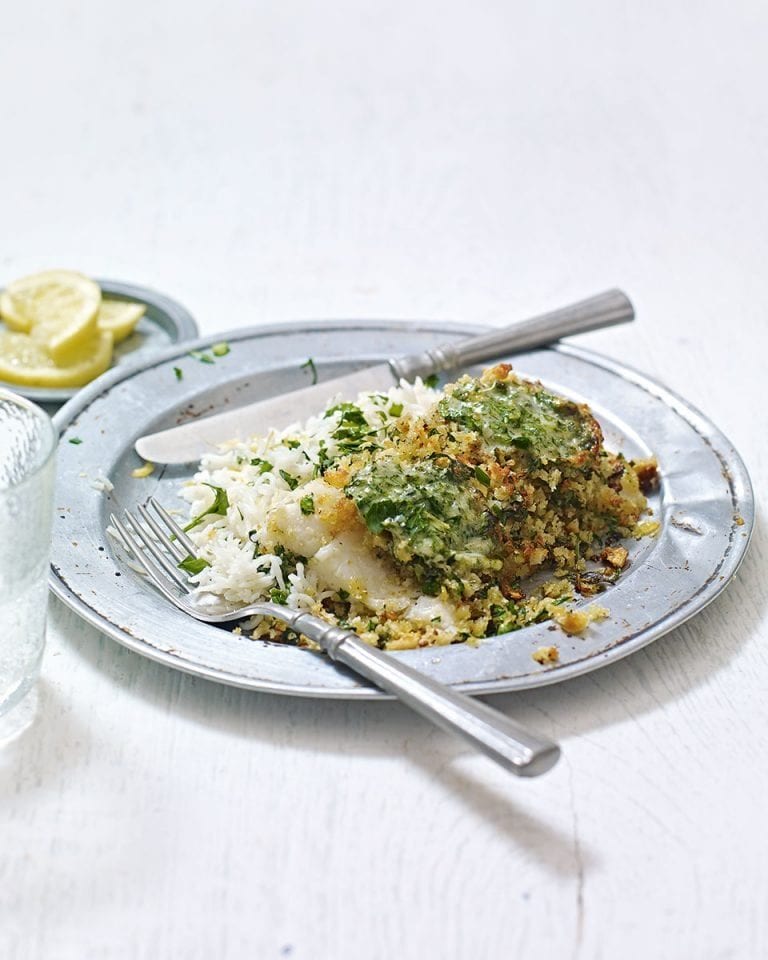 Herb-crusted fish with parmesan butter and lemon rice recipe ...