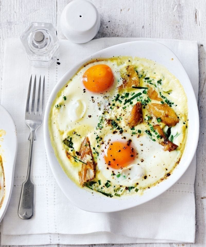 Baked Eggs with Smoked Salmon and Chives - Taming of the Spoon