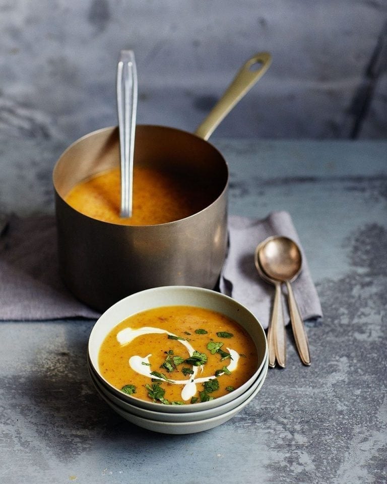 Warming sweet potato and ginger soup recipe | delicious. magazine