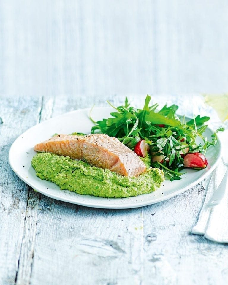 Easy baked salmon with pea and mint houmous recipe | delicious. magazine