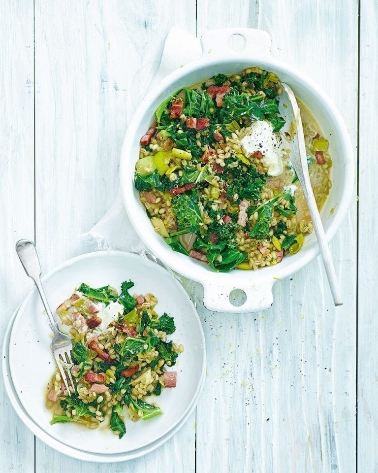 Easy Leek And Kale Pearl Barley With Crispy Lardons Recipe | Delicious ...