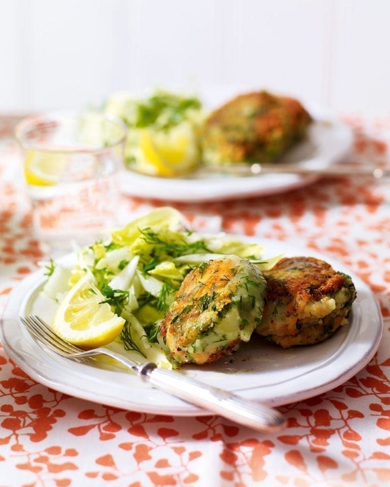 Smoked salmon and dill fishcakes with chicory recipe | delicious. magazine