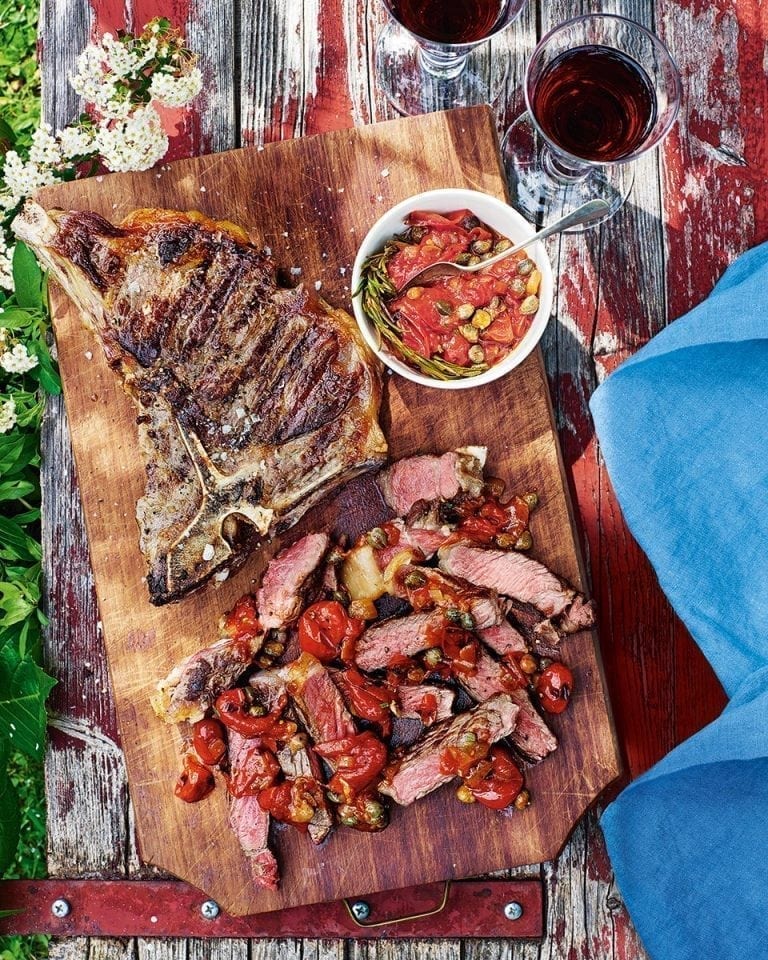 T-bone steaks with tomato, caper and rosemary sauce recipe | delicious ...