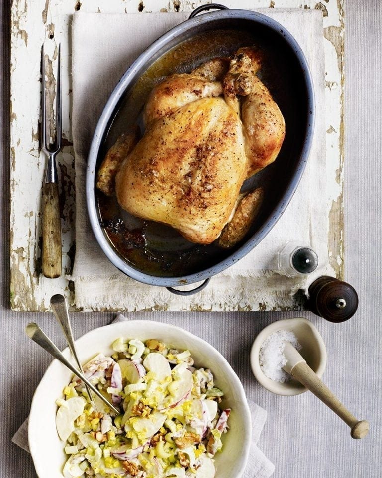 Brined roast chicken with a classic waldorf salad recipe | delicious ...