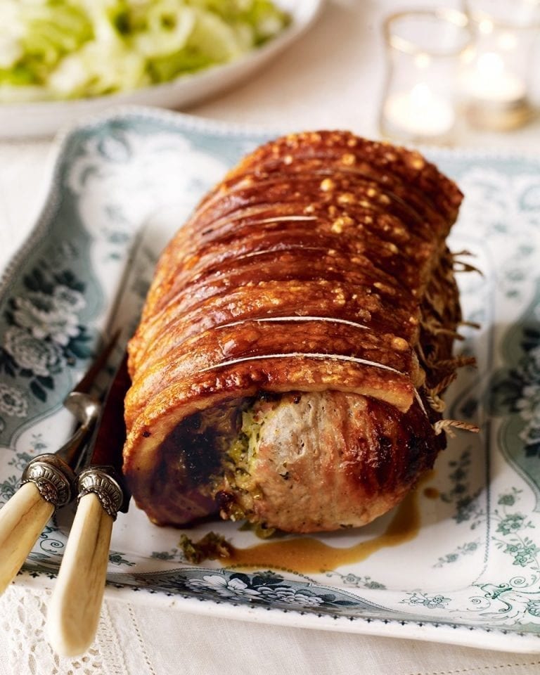 Roast pork loin with smoked ham and Gruyère stuffing recipe | delicious ...