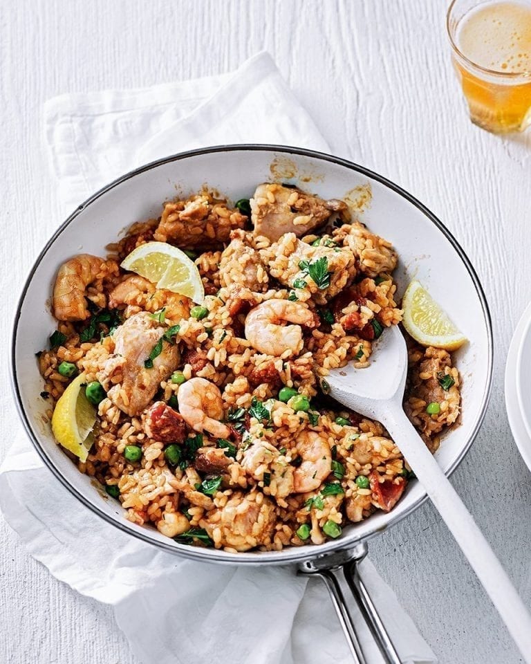 Chicken, prawn and chorizo paella recipe | delicious. magazine