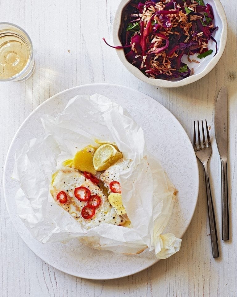 Ginger, chilli and lime steamed cod with stir-fried red cabbage and ...