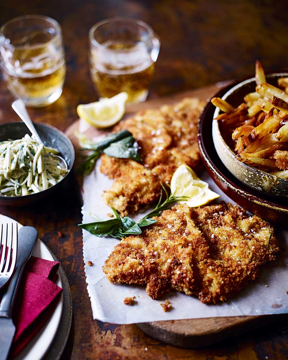 Veal schnitzel with herb butter and apple remoulade recipe | delicious ...