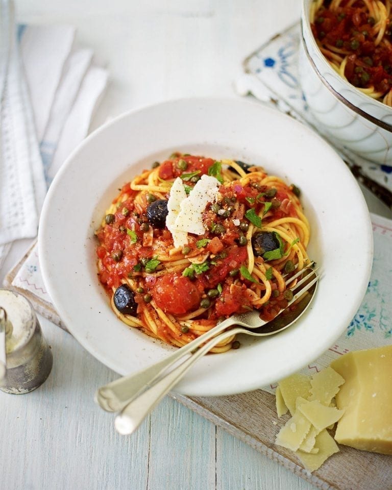 Vegetarian spaghetti alla puttanesca recipe | delicious. magazine