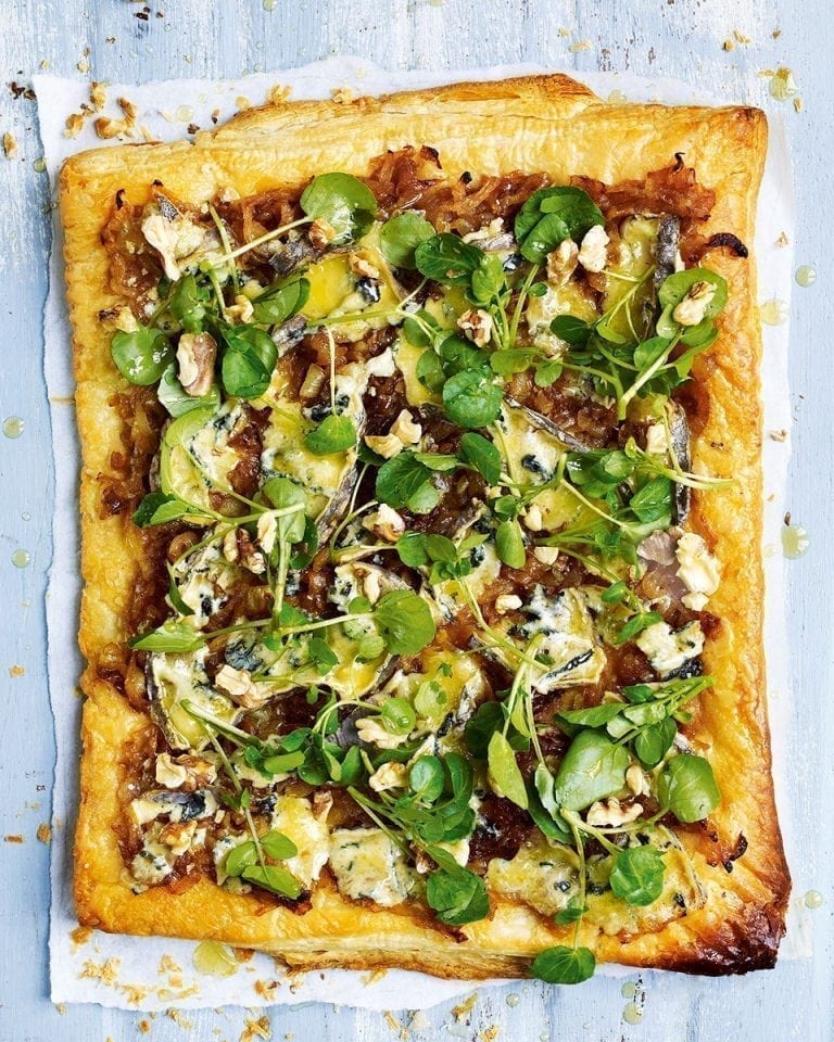 Blue cheese and sweet onion tart with watercress and walnuts recipe ...