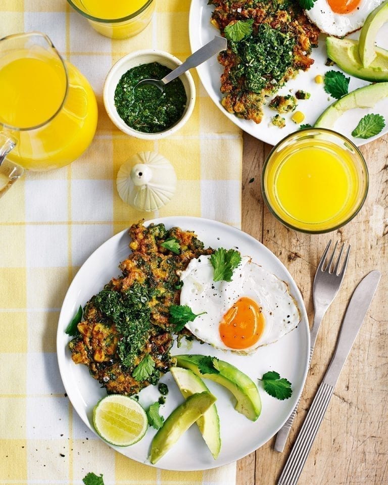 Sweetcorn fritters with avocado, fried egg and mint chutney