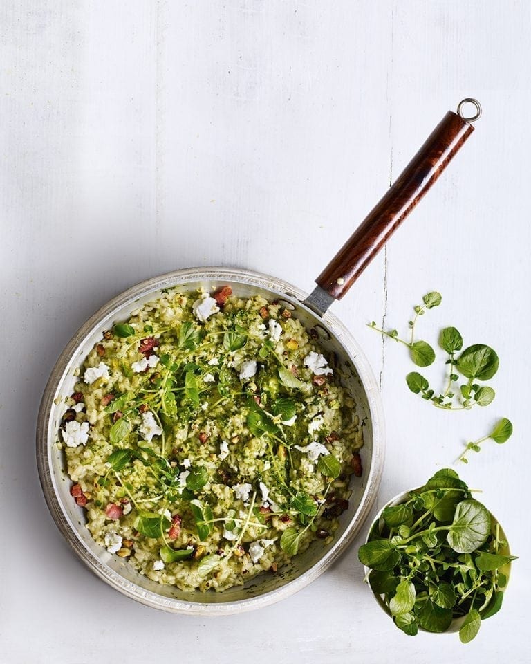 Watercress risotto with goat's cheese and bacon recipe | delicious ...