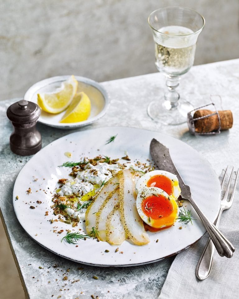 Soft-boiled eggs, dill sauce and smoked halibut with toasted
