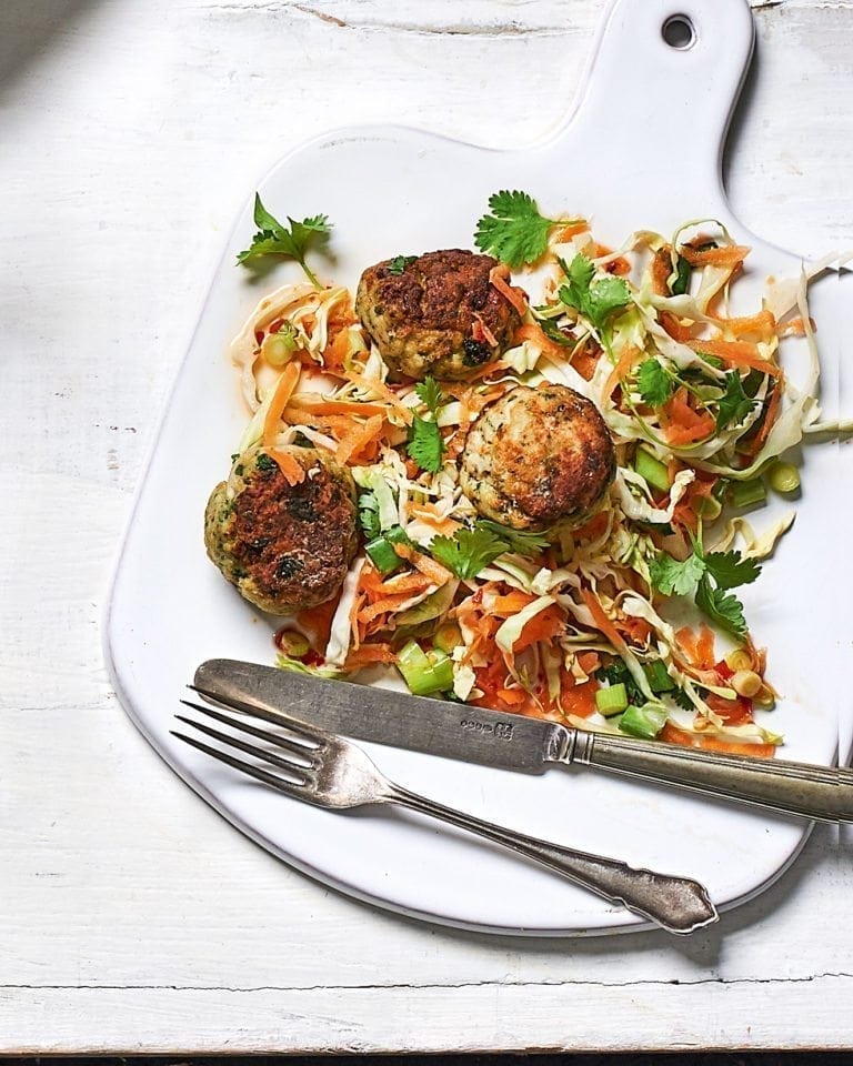 Thai prawn balls with carrot and cabbage salad recipe | delicious. magazine