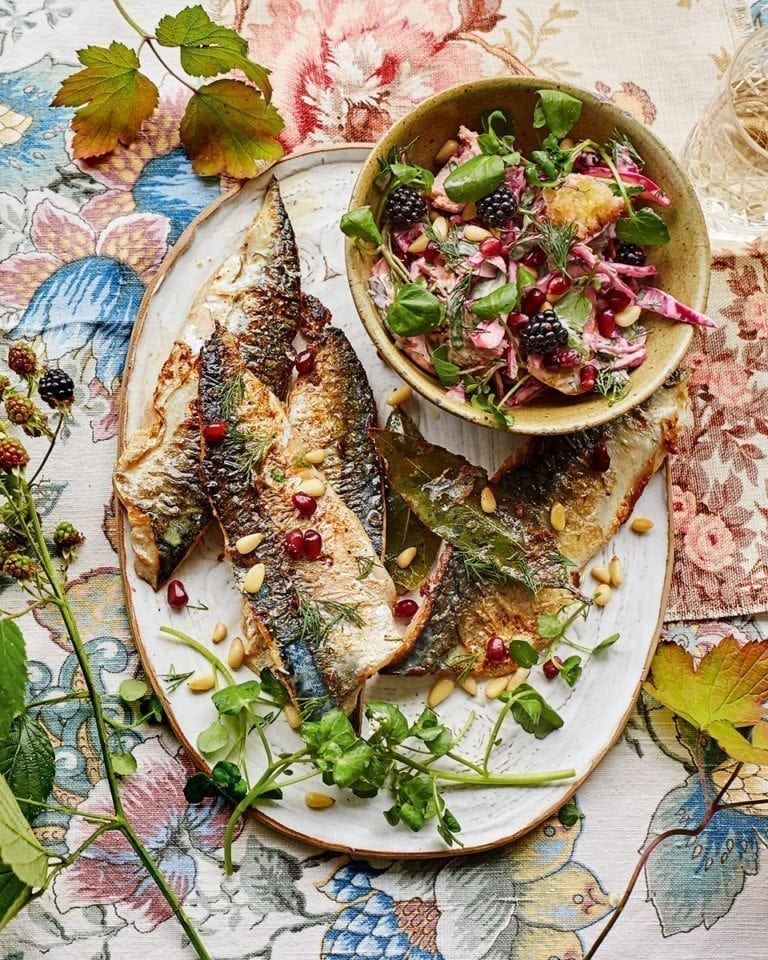 Pan-fried mackerel fillets with pear and pomegranate slaw recipe ...