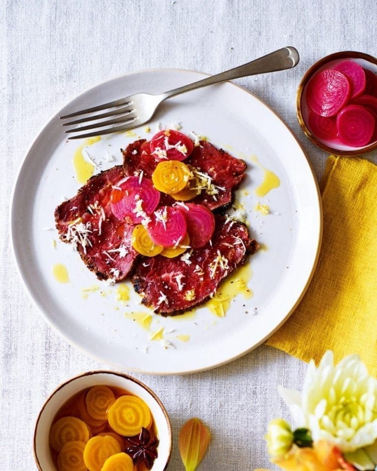 Beef carpaccio with pickled beetroot and horseradish recipe | delicious ...