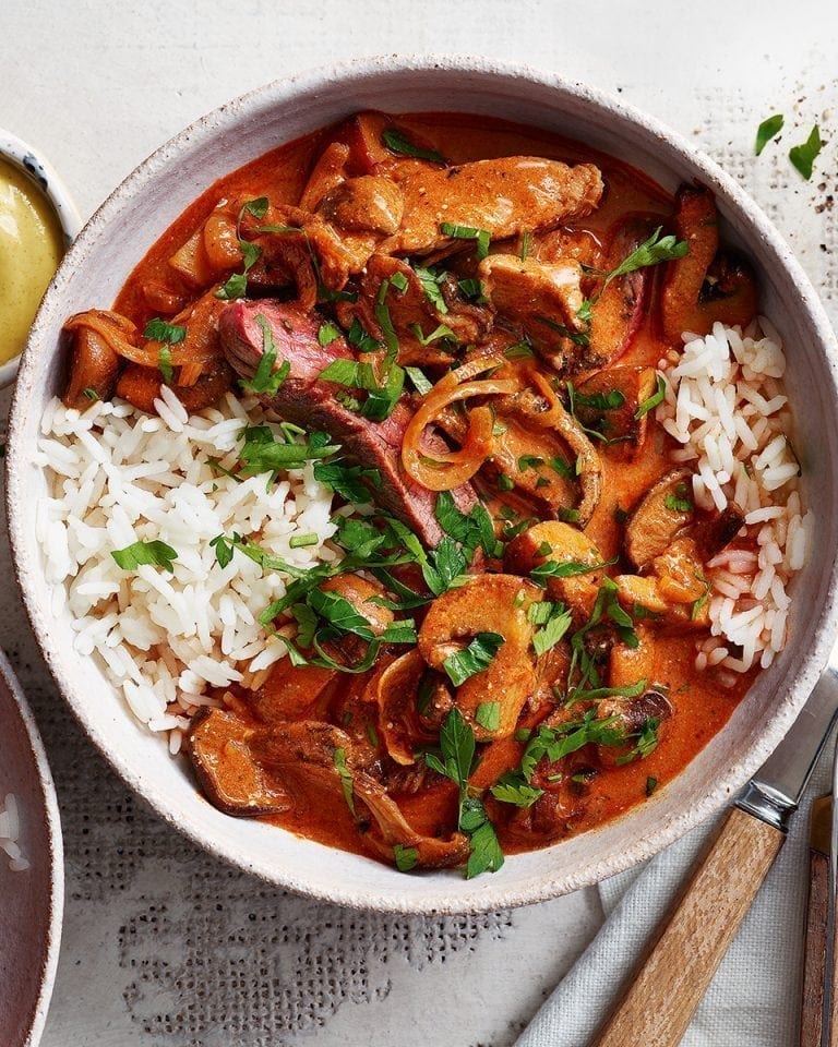 Smoky steak and mushroom stroganoff recipe delicious. magazine