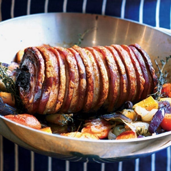 Spiced pork belly stuffed with prunes recipe | delicious. magazine