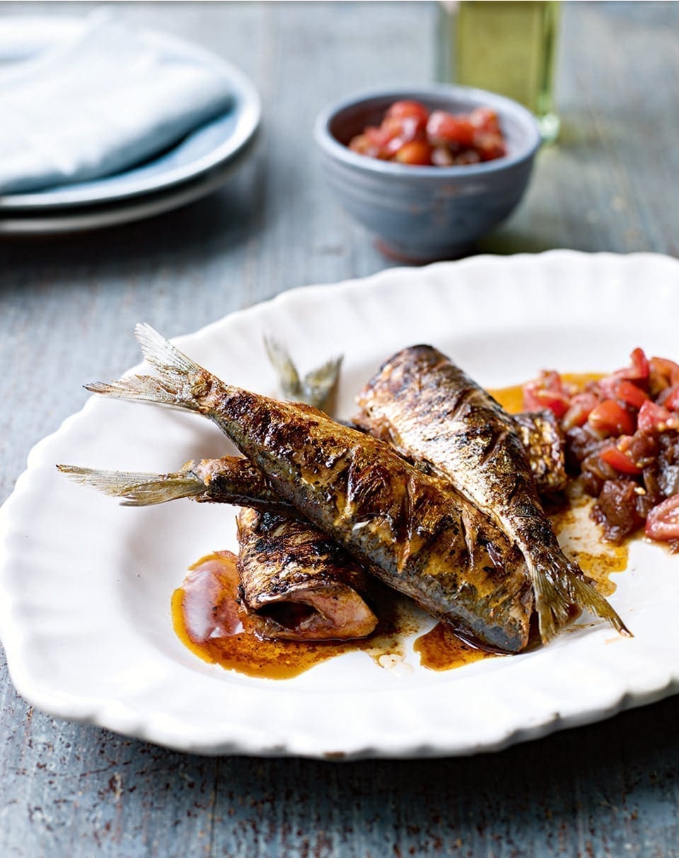 Smoky griddled sardines with sweet tomato chutney recipe | delicious ...