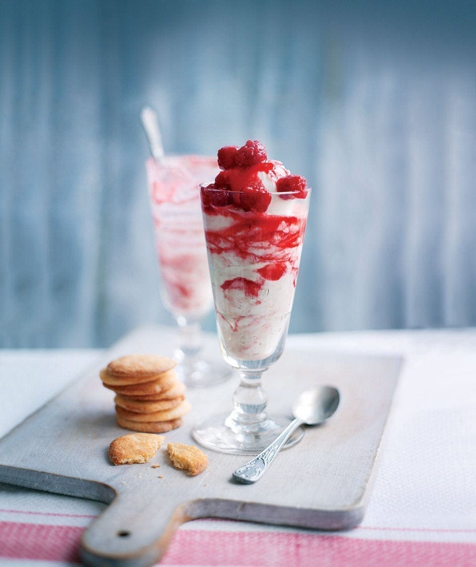 Raspberry Fool Sundaes With Elderflower Thins Recipe Delicious Magazine