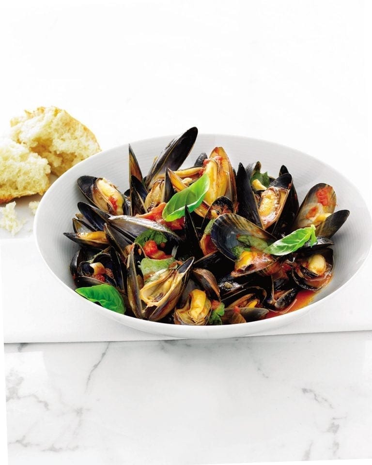 Quick mussels with wine and basil tomatoes recipe | delicious. magazine