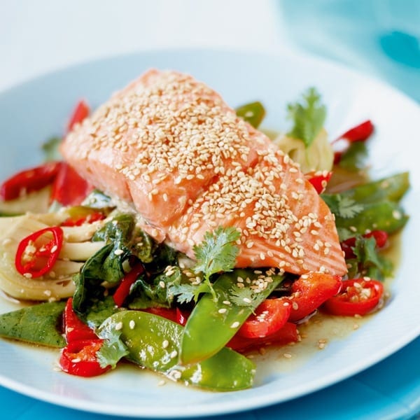 Sticky baked salmon with sesame recipe | delicious. magazine