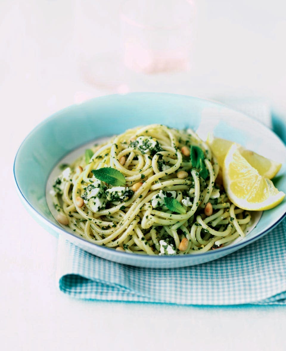 Spaghetti with mint and feta pesto recipe | delicious. magazine