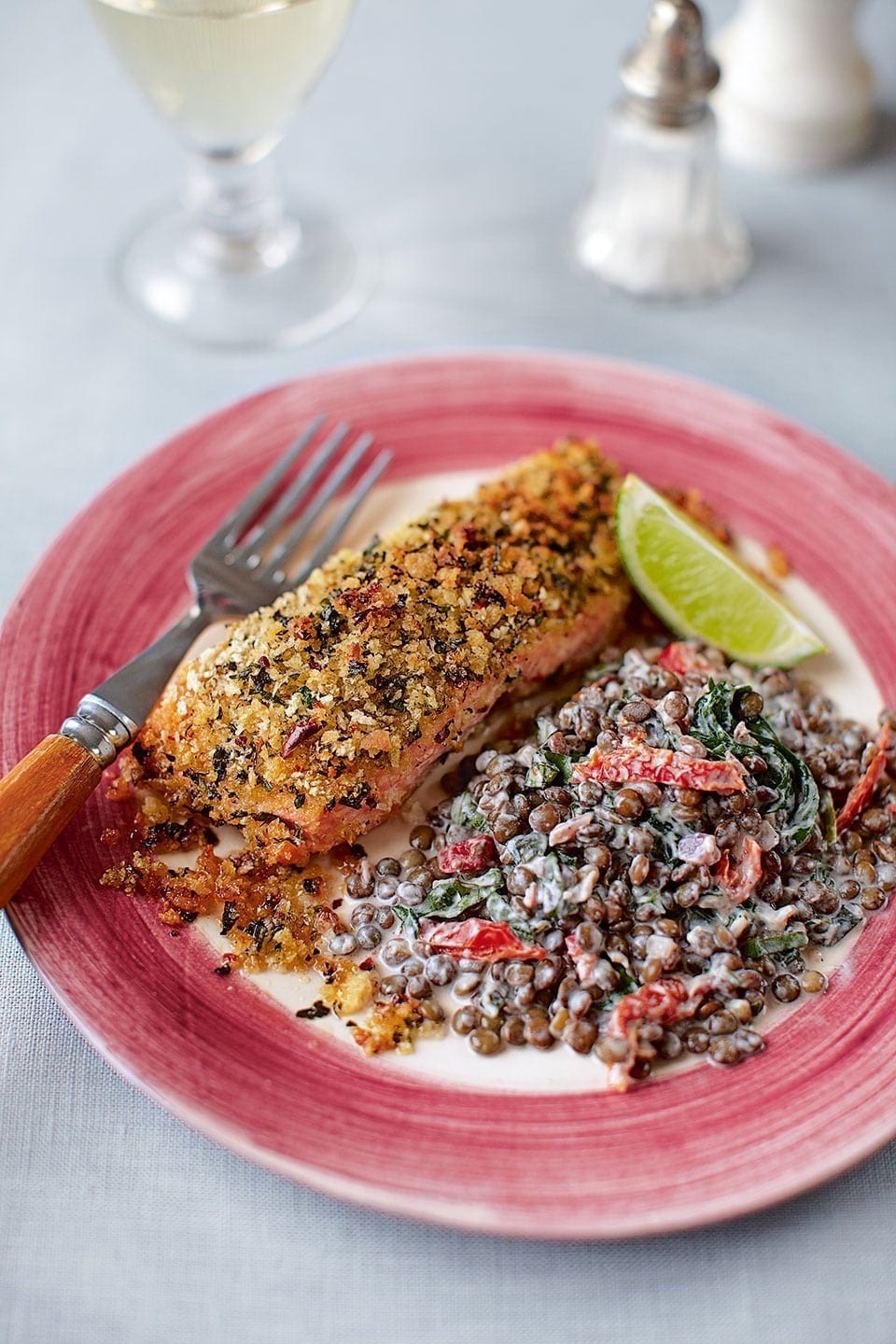 Lime crusted salmon with creamy, herby lentils recipe | delicious. magazine