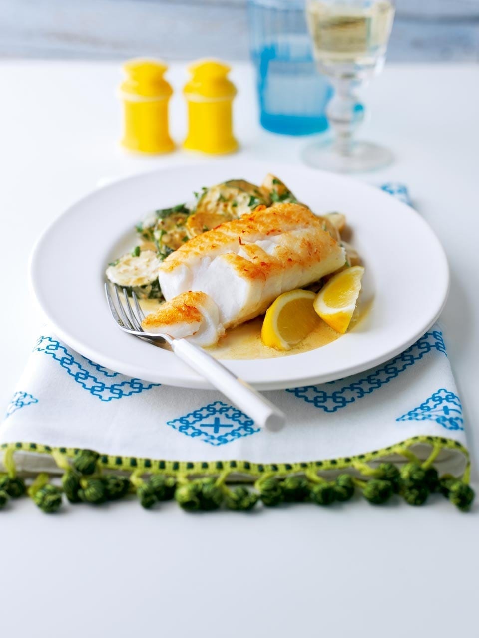 Pan-fried cod with creamy new potatoes and courgettes recipe ...