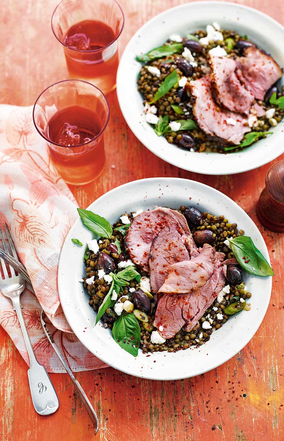 Thyme roast lamb with lentils, feta, olives and herbs recipe ...