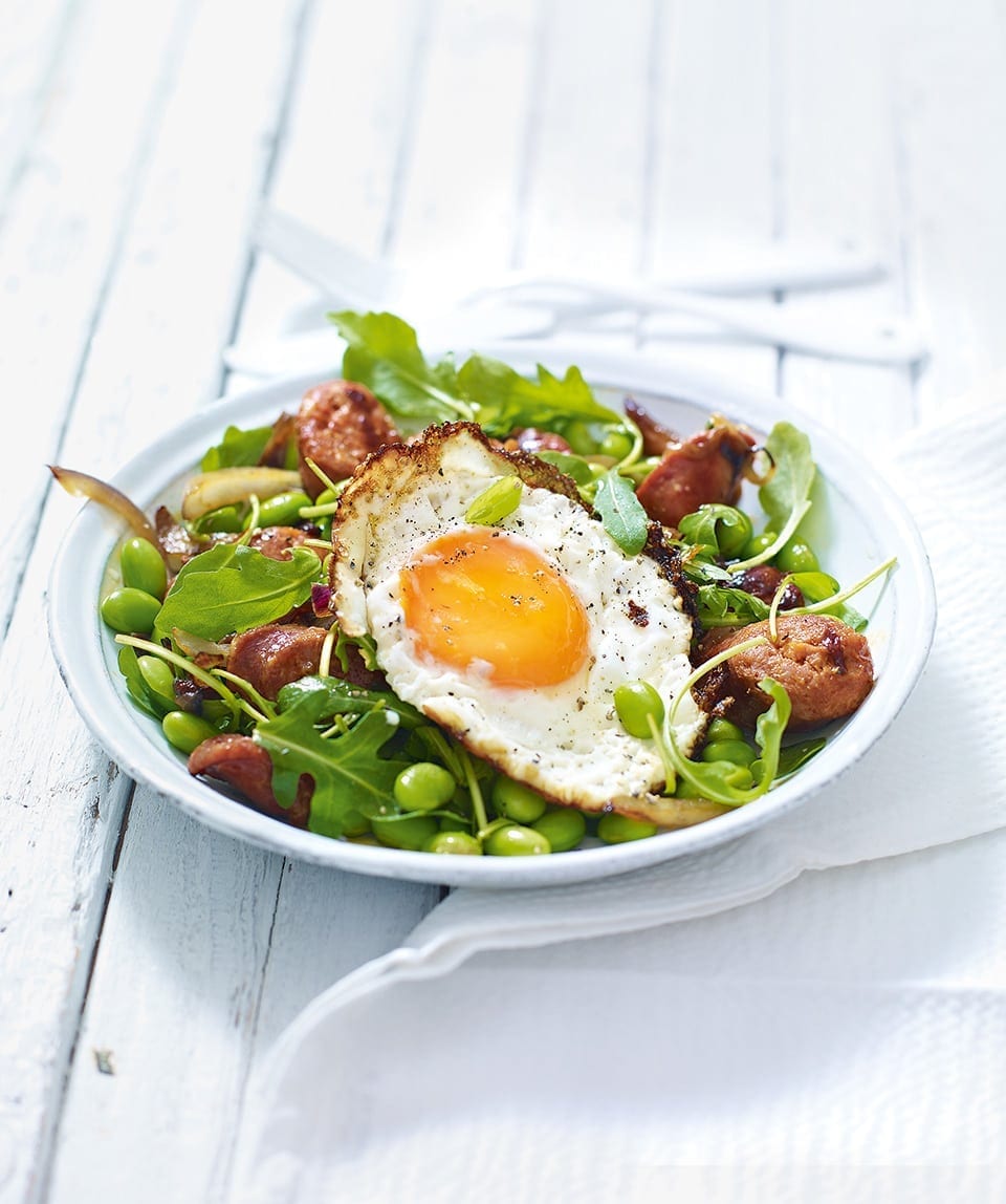 Edamame And Chorizo Salad With Fried Egg Recipe | Delicious. Magazine