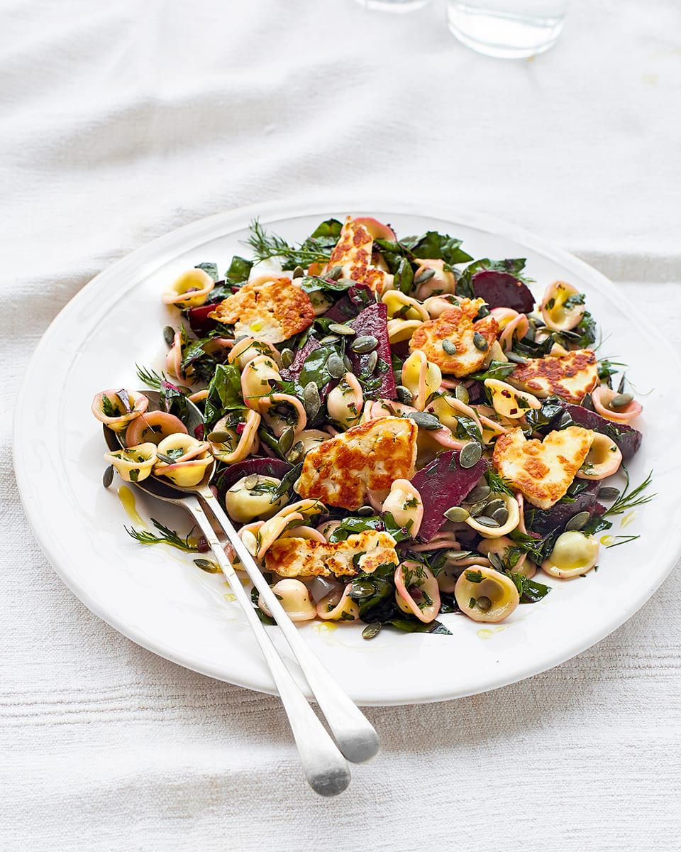 Pasta salad with halloumi, chard and beetroot recipe | delicious. magazine