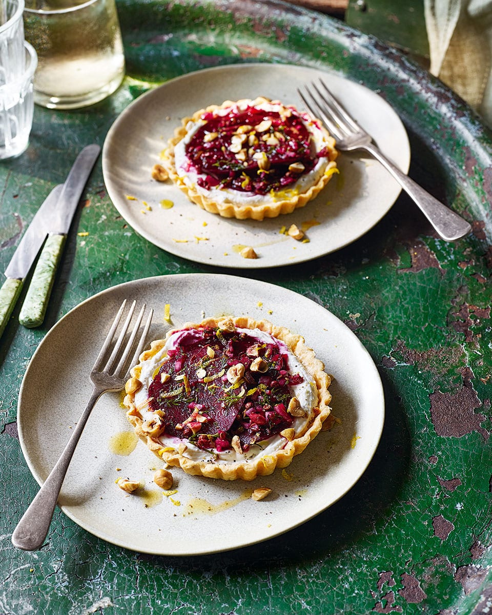 Goat s cheese, beetroot and hazelnut tarts recipe delicious. magazine