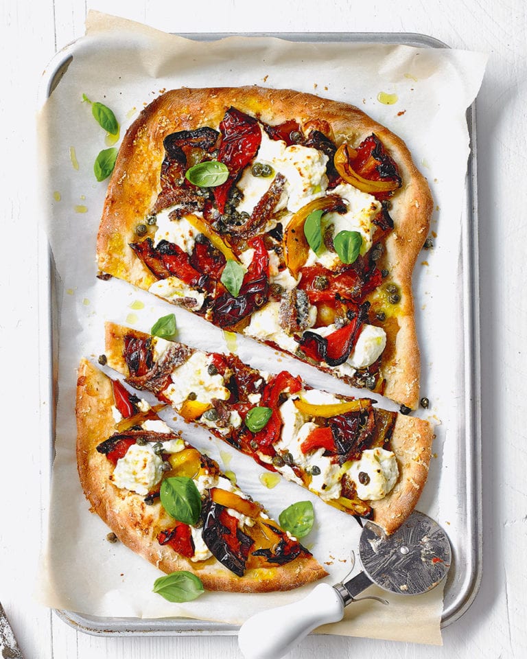 Roast pepper, anchovy and ricotta pizza recipe | delicious. magazine