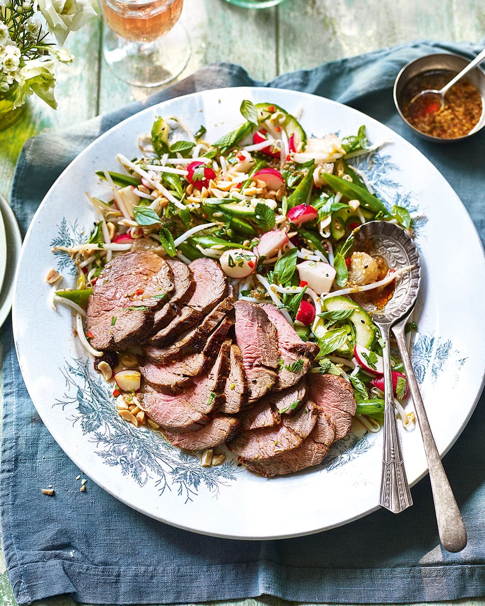 Seared Asian beef fillet with crunchy pomelo salad recipe | delicious ...