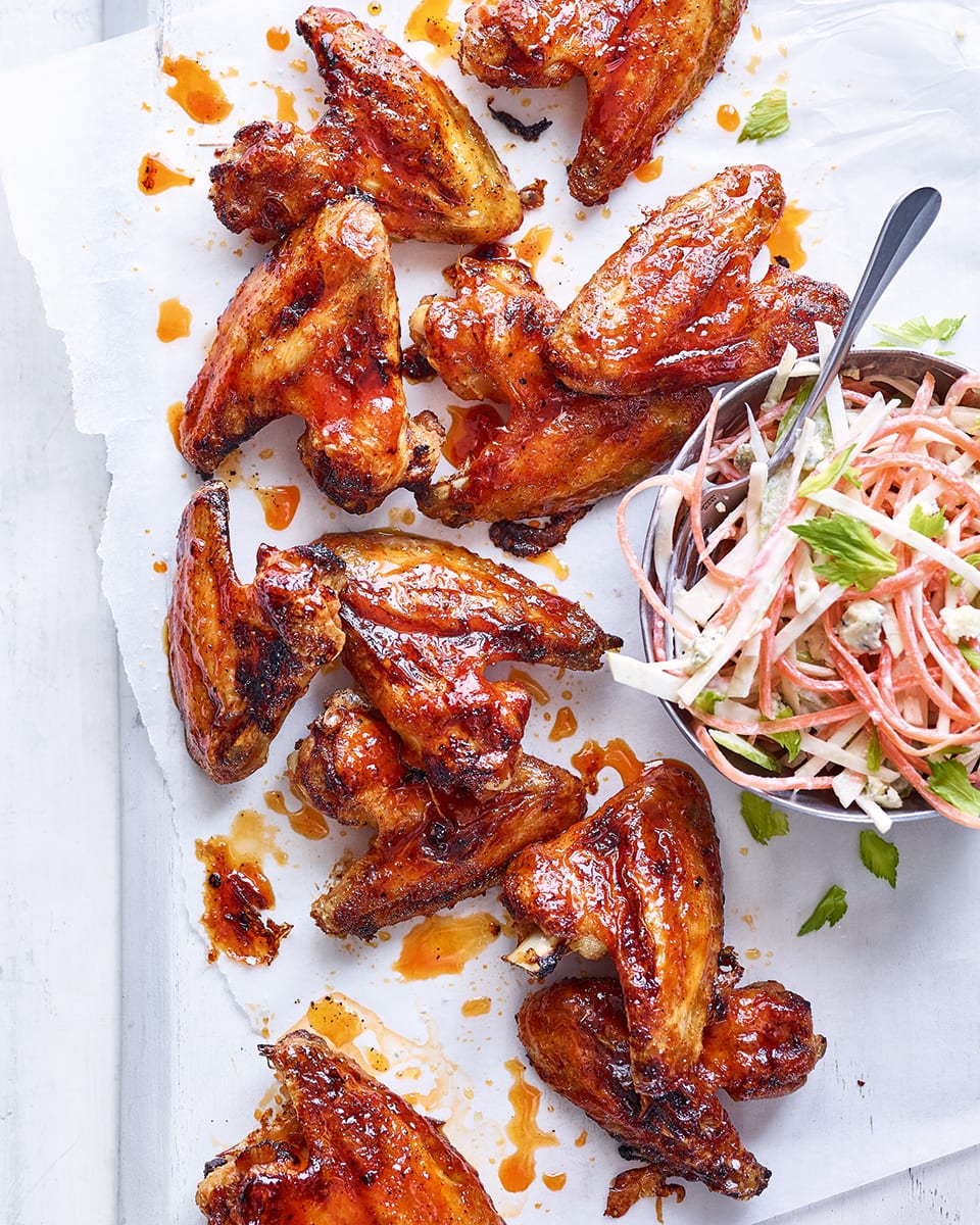 Buffalo chicken wings with blue cheese slaw recipe | delicious. magazine