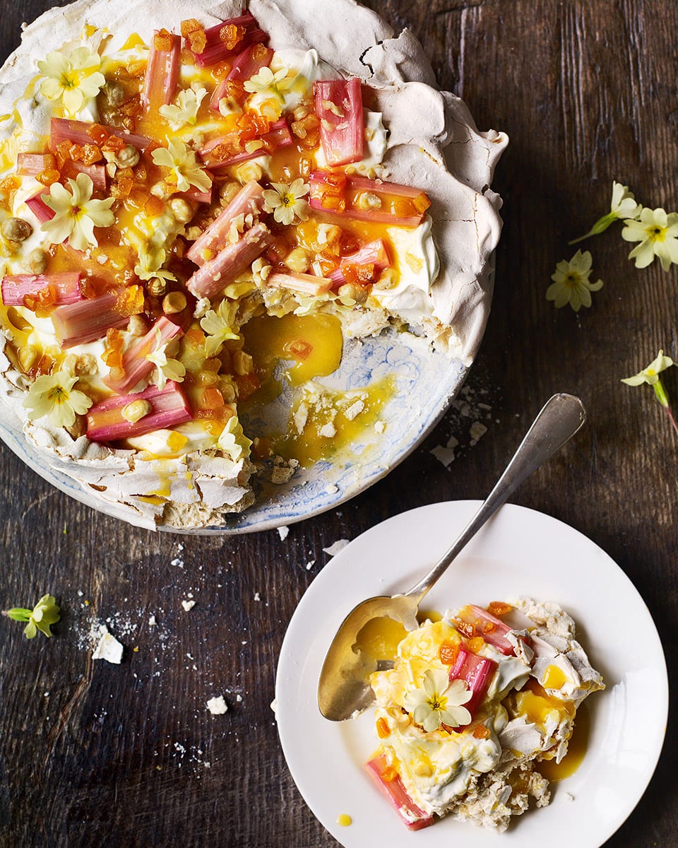 Pavlova With Orange Curd And Roast Rhubarb Delicious Magazine