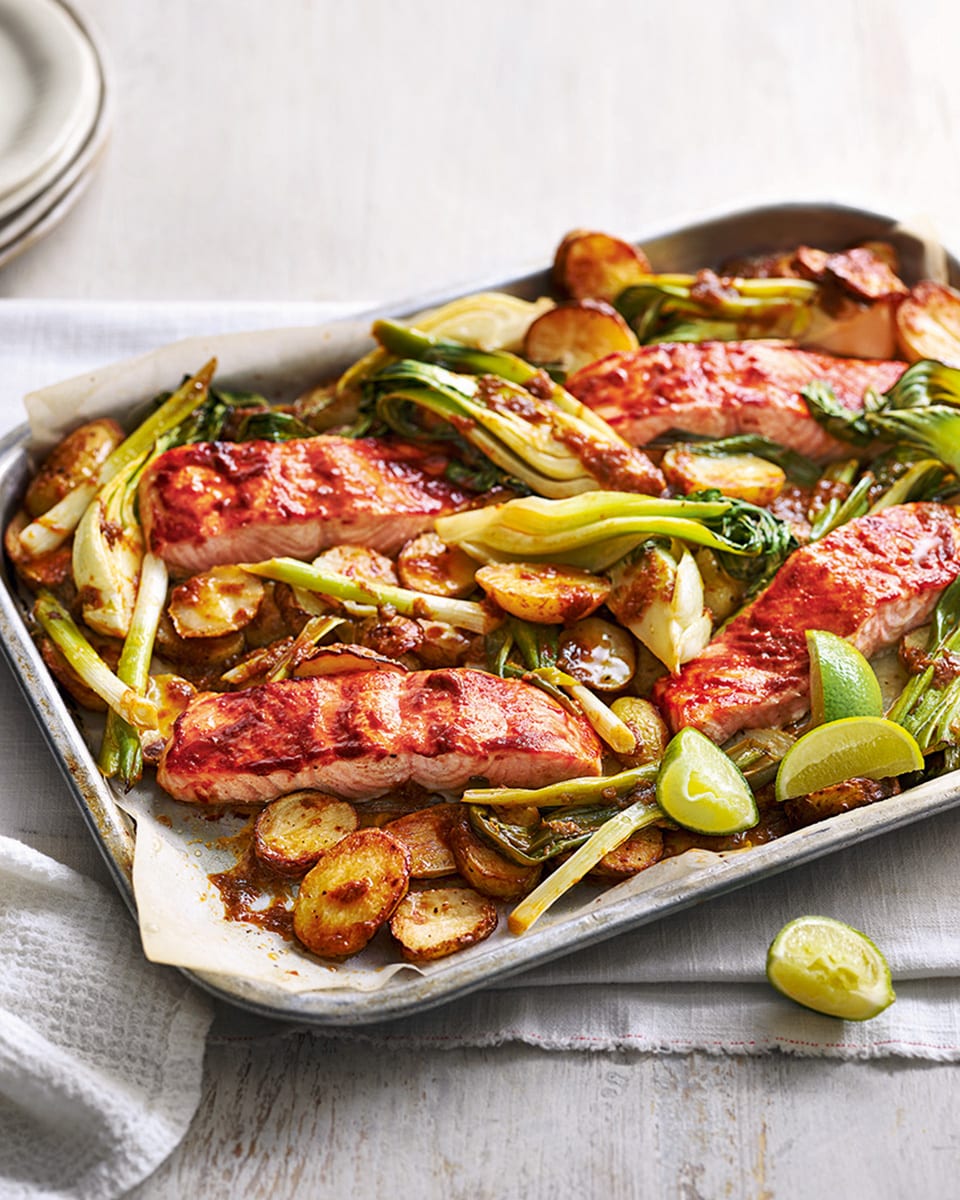 Spicy salmon and new potato traybake - delicious. magazine