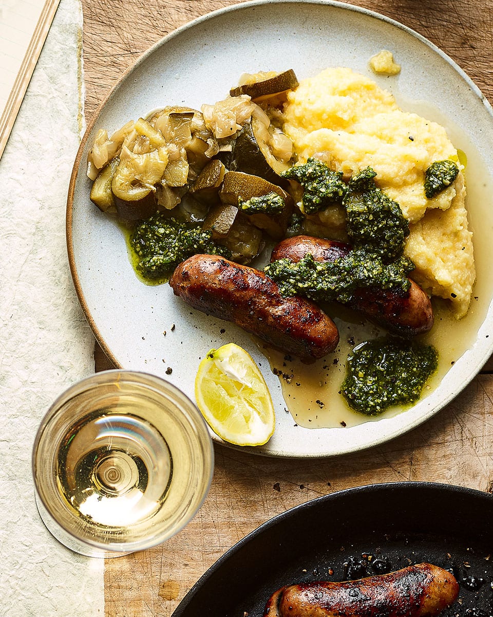 Sausages with polenta and braised courgettes - delicious. magazine