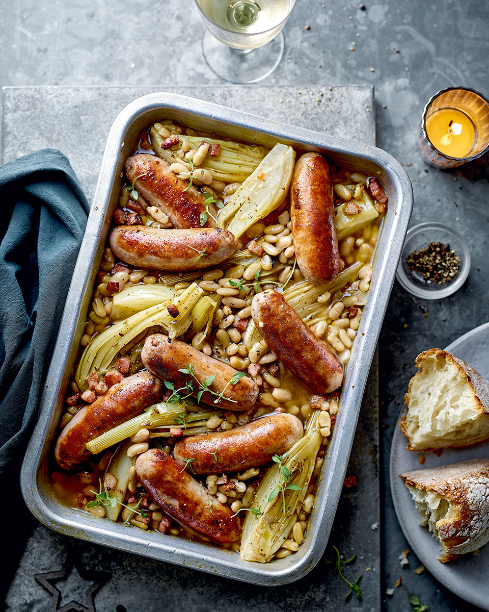 Sausage, fennel and flageolet bean traybake delicious. magazine