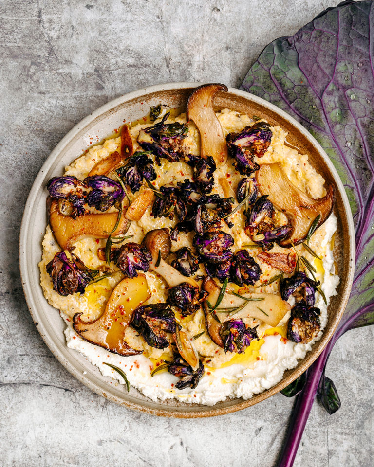 Roast brussels sprouts with polenta, anchovies and mushrooms