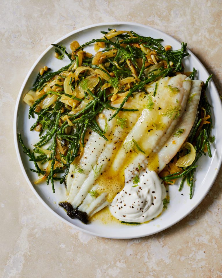 Pan-fried plaice with fennel, samphire and orange