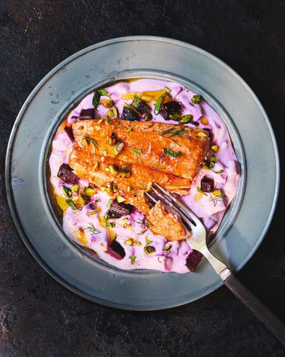 hot-smoked-trout-with-beetroot-tzatziki-delicious-magazine