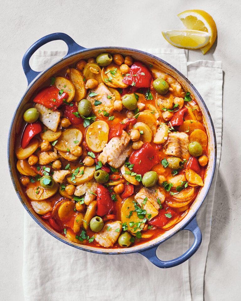 Pollock, red pepper and olive stew